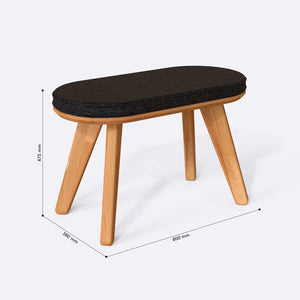 Yase Bench 80 x 38 cm ölçülendirilmiş teknik görünümü, siyah keten döşeme, milimetre cinsinden ölçüler