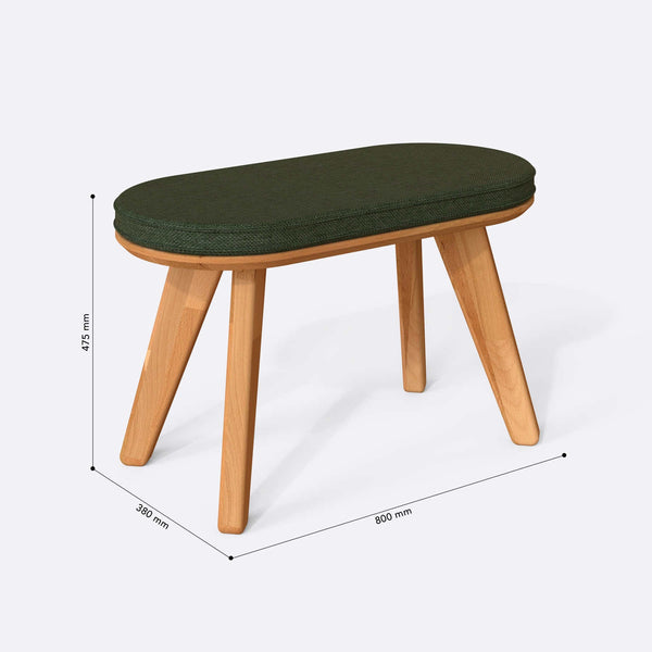 Yase Bench 80 x 38 cm ölçülendirilmiş teknik görünümü, yeşil keten döşeme, milimetre cinsinden ölçüler