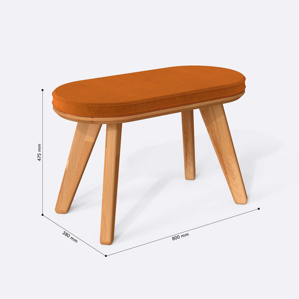 Yase Bench 80 x 38 cm ölçülendirilmiş teknik görünümü, badem kadife döşeme, milimetre cinsinden ölçüler
