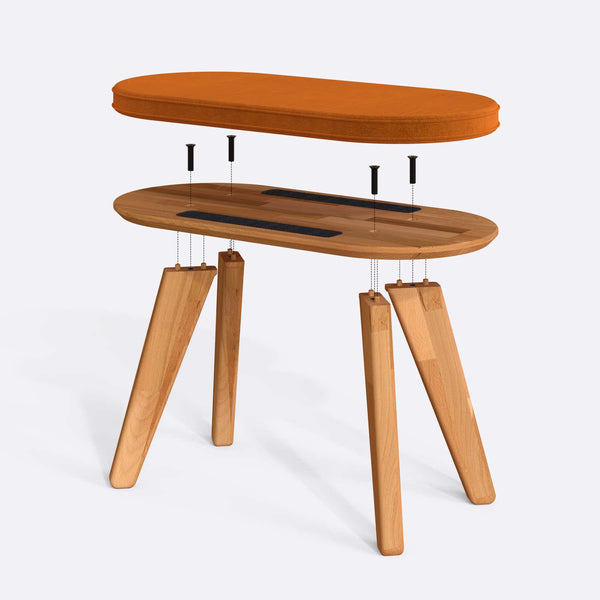 Yase Bench 80 x 38 cm parçalarına ayrılmış montaj görünümü, badem kadife oturum ve masif kayın ayaklar
