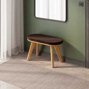Yase Bench 80 x 38 cm, kahve kadife döşeme, masif kayın gövde, döşenmiş ev ortamında kullanım görünümü