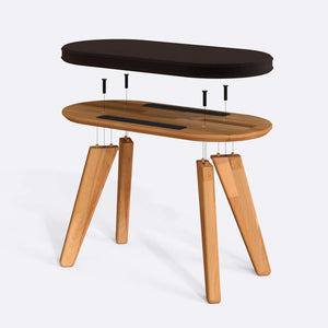 Yase Bench 80 x 38 cm parçalarına ayrılmış montaj görünümü, kahve kadife oturum ve masif kayın ayaklar