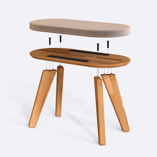 Yase Bench 80 x 38 cm parçalarına ayrılmış montaj görünümü, kum kadife oturum ve masif kayın ayaklar