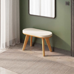 Yase Bench 80 x 38 cm, ekru kadife döşeme, masif kayın gövde, döşenmiş ev ortamında kullanım görünümü