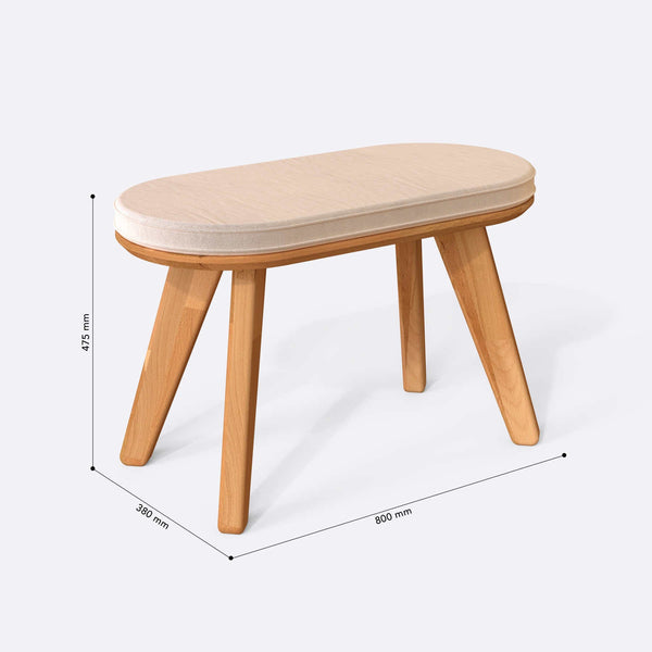 Yase Bench 80 x 38 cm ölçülendirilmiş teknik görünümü, ekru kadife döşeme, milimetre cinsinden ölçüler