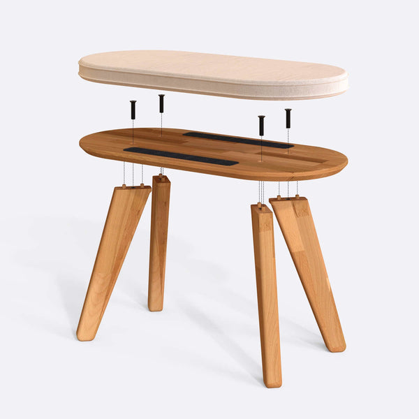 Yase Bench 80 x 38 cm parçalarına ayrılmış montaj görünümü, ekru kadife oturum ve masif kayın ayaklar