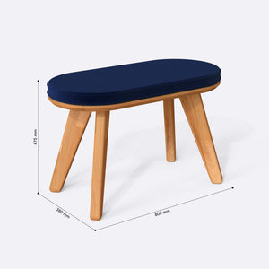 Yase Bench 80 x 38 cm ölçülendirilmiş teknik görünümü, lacivert kadife döşeme, milimetre cinsinden ölçüler