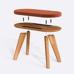 Yase Bench 80 x 38 cm parçalarına ayrılmış montaj görünümü, somon kadife oturum ve masif kayın ayaklar