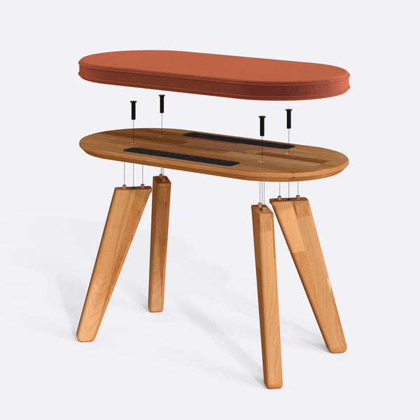 Yase Bench 80 x 38 cm parçalarına ayrılmış montaj görünümü, somon kadife oturum ve masif kayın ayaklar