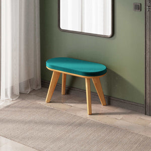 Yase Bench 80 x 38 cm, petrol kadife döşeme, masif kayın gövde, döşenmiş ev ortamında kullanım görünümü