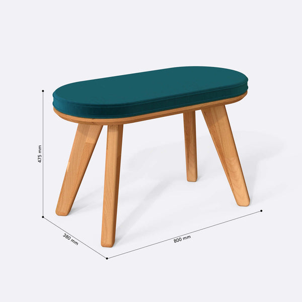 Yase Bench 80 x 38 cm ölçülendirilmiş teknik görünümü, petrol kadife döşeme, milimetre cinsinden ölçüler