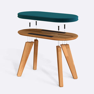 Yase Bench 80 x 38 cm parçalarına ayrılmış montaj görünümü, petrol kadife oturum ve masif kayın ayaklar