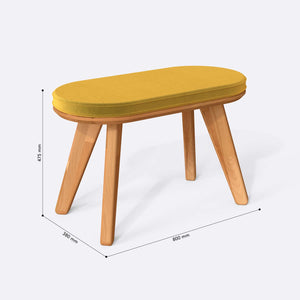 Yase Bench 80 x 38 cm ölçülendirilmiş teknik görünümü, sarı kadife döşeme, milimetre cinsinden ölçüler
