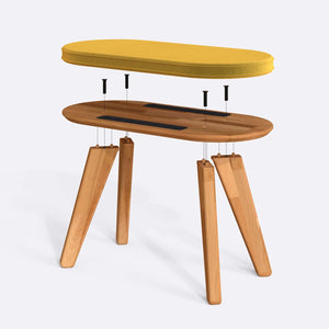 Yase Bench 80 x 38 cm parçalarına ayrılmış montaj görünümü, sarı kadife oturum ve masif kayın ayaklar