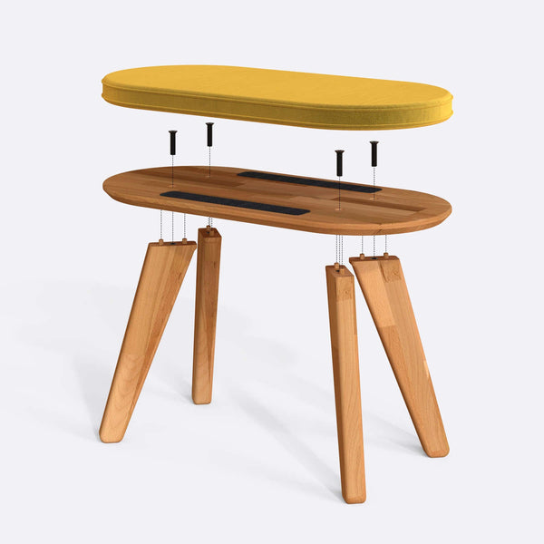 Yase Bench 80 x 38 cm parçalarına ayrılmış montaj görünümü, sarı kadife oturum ve masif kayın ayaklar
