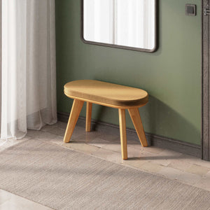 Yase Bench 80 x 38 cm, vizon kadife döşeme, masif kayın gövde, döşenmiş ev ortamında kullanım görünümü
