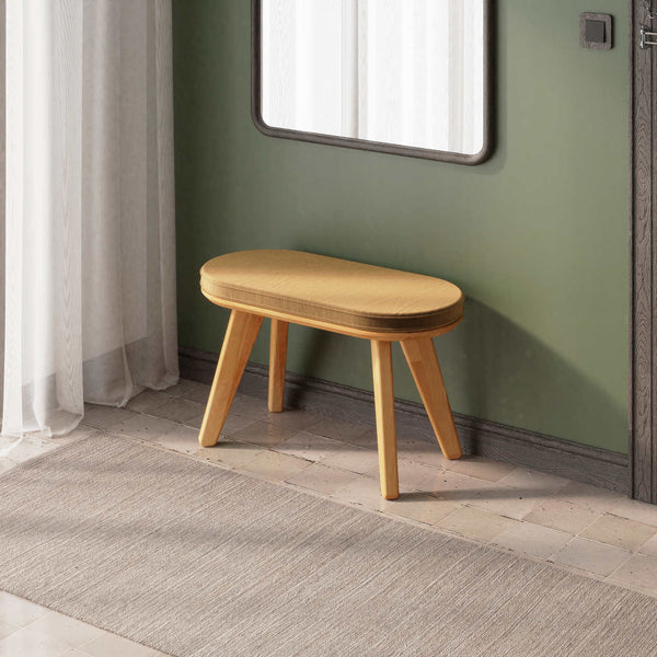 Yase Bench 80 x 38 cm, vizon kadife döşeme, masif kayın gövde, döşenmiş ev ortamında kullanım görünümü