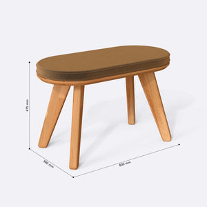 Yase Bench 80 x 38 cm ölçülendirilmiş teknik görünümü, vizon kadife döşeme, milimetre cinsinden ölçüler