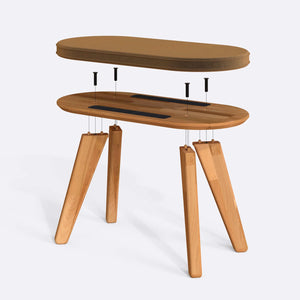 Yase Bench 80 x 38 cm parçalarına ayrılmış montaj görünümü, vizon kadife oturum ve masif kayın ayaklar