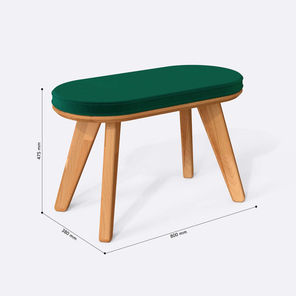 Yase Bench 80 x 38 cm ölçülendirilmiş teknik görünümü, zümrüt kadife döşeme, milimetre cinsinden ölçüler