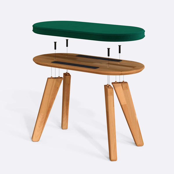 Yase Bench 80 x 38 cm parçalarına ayrılmış montaj görünümü, zümrüt kadife oturum ve masif kayın ayaklar