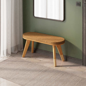 Yase Bench 100 x 38 cm, badem keten döşeme, masif kayın gövde, ev ortamında kullanım görünümü