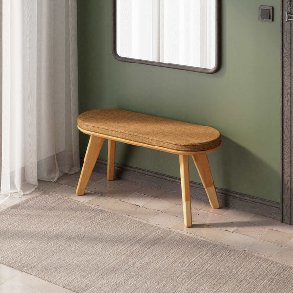 Yase Bench 100 x 38 cm, badem keten döşeme, masif kayın gövde, ev ortamında kullanım görünümü