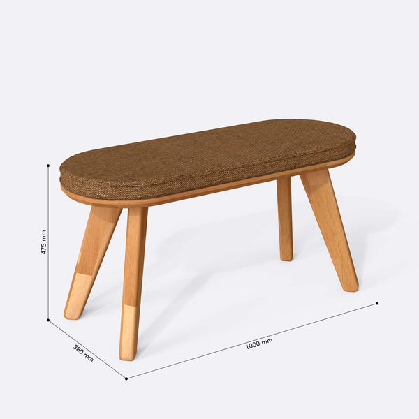 Yase Bench 100 x 38 cm ölçülendirilmiş teknik görünümü, badem keten döşeme, milimetre cinsinden ölçüler