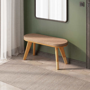 Yase Bench 100 x 38 cm, kahve keten döşeme, masif kayın gövde, ev ortamında kullanım görünümü