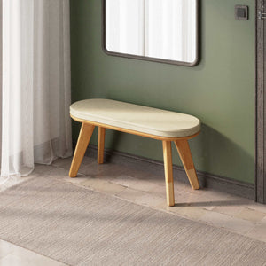 Yase Bench 100 x 38 cm, kum keten döşeme, masif kayın gövde, ev ortamında kullanım görünümü