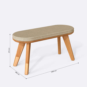 Yase Bench 100 x 38 cm ölçülendirilmiş teknik görünümü, kum keten döşeme, milimetre cinsinden ölçüler
