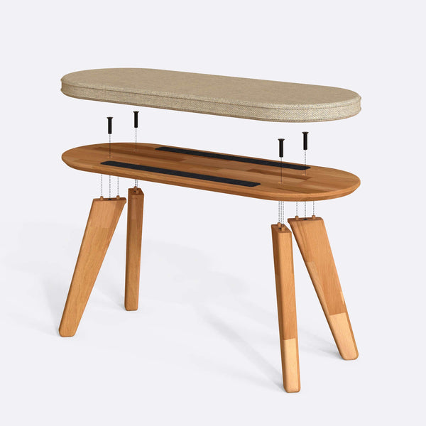 Yase Bench 100 x 38 cm parçalarına ayrılmış montaj görünümü, kum keten döşeme ve masif kayın parçalar