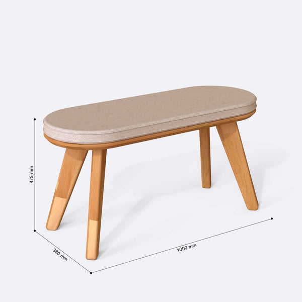 Yase Bench 100 x 38 cm ölçülendirilmiş teknik görünümü, ekru keten döşeme, milimetre cinsinden ölçüler