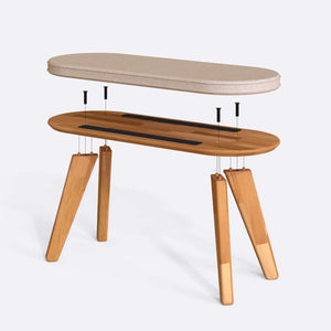 Yase Bench 100 x 38 cm parçalarına ayrılmış montaj görünümü, ekru keten döşeme ve masif kayın parçalar