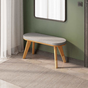 Yase Bench 100 x 38 cm, gri keten döşeme, masif kayın gövde, ev ortamında kullanım görünümü