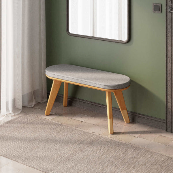 Yase Bench 100 x 38 cm, gri keten döşeme, masif kayın gövde, ev ortamında kullanım görünümü