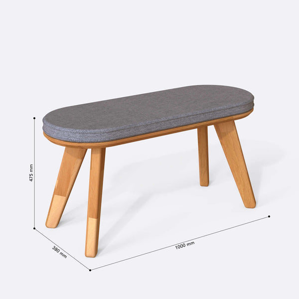 Yase Bench 100 x 38 cm ölçülendirilmiş teknik görünümü, gri keten döşeme, milimetre cinsinden ölçüler