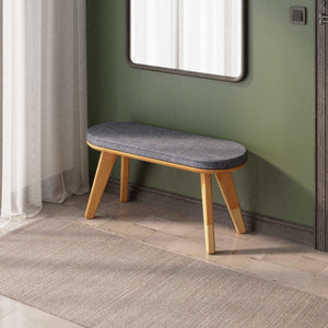 Yase Bench 100 x 38 cm, kül keten döşeme, masif kayın gövde, ev ortamında kullanım görünümü