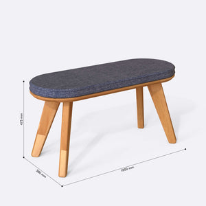 Yase Bench 100 x 38 cm ölçülendirilmiş teknik görünümü, kül keten döşeme, milimetre cinsinden ölçüler
