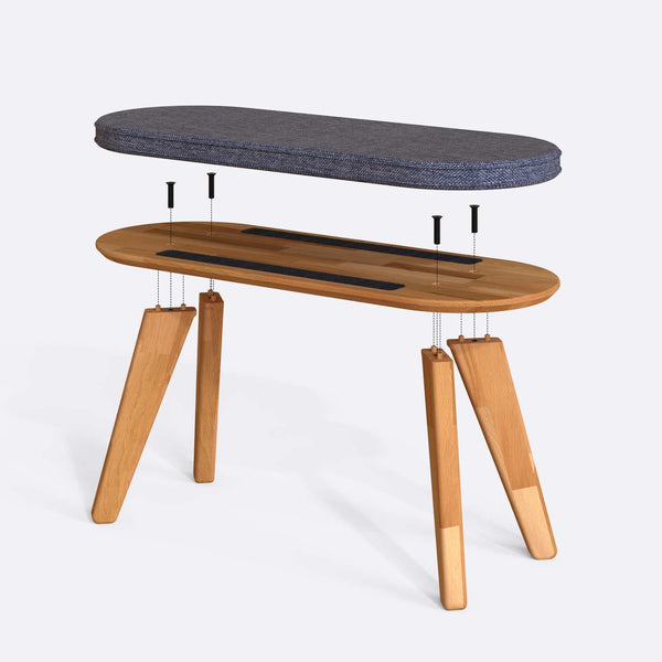 Yase Bench 100 x 38 cm parçalarına ayrılmış montaj görünümü, kül keten döşeme ve masif kayın parçalar