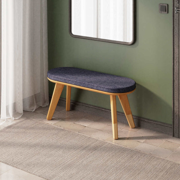 Yase Bench 100 x 38 cm, lacivert keten döşeme, masif kayın gövde, ev ortamında kullanım görünümü