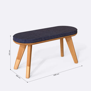 Yase Bench 100 x 38 cm ölçülendirilmiş teknik görünümü, lacivert keten döşeme, milimetre cinsinden ölçüler