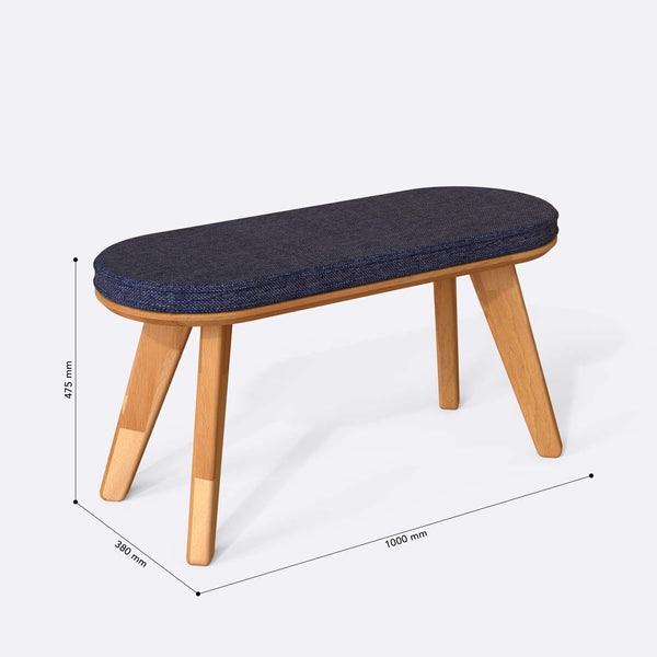 Yase Bench 100 x 38 cm ölçülendirilmiş teknik görünümü, lacivert keten döşeme, milimetre cinsinden ölçüler