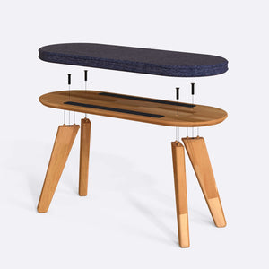 Yase Bench 100 x 38 cm parçalarına ayrılmış montaj görünümü, lacivert keten döşeme ve masif kayın parçalar