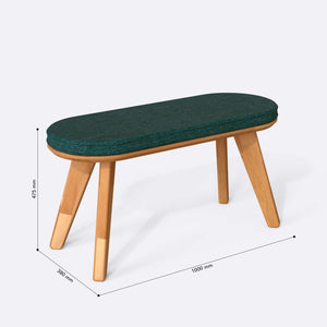 Yase Bench 100 x 38 cm ölçülendirilmiş teknik görünümü, petrol keten döşeme, milimetre cinsinden ölçüler