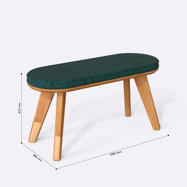 Yase Bench 100 x 38 cm ölçülendirilmiş teknik görünümü, petrol keten döşeme, milimetre cinsinden ölçüler