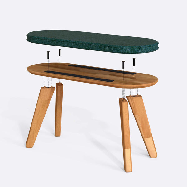Yase Bench 100 x 38 cm parçalarına ayrılmış montaj görünümü, petrol keten döşeme ve masif kayın parçalar