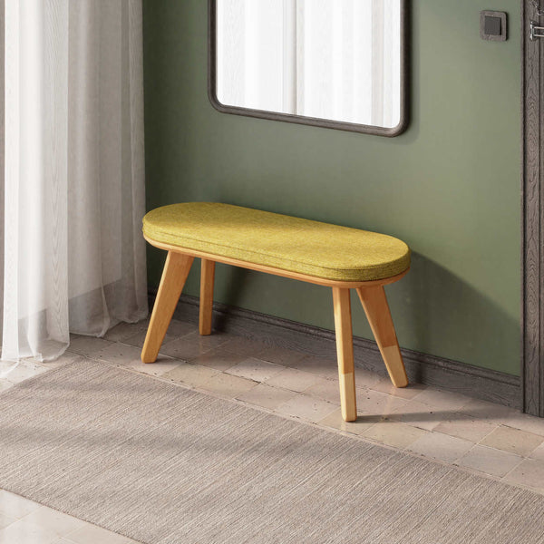 Yase Bench 100 x 38 cm, sarı keten döşeme, masif kayın gövde, ev ortamında kullanım görünümü