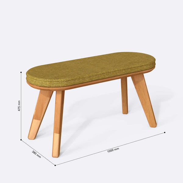 Yase Bench 100 x 38 cm ölçülendirilmiş teknik görünümü, sarı keten döşeme, milimetre cinsinden ölçüler