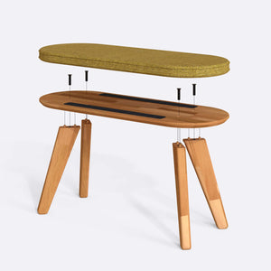 Yase Bench 100 x 38 cm parçalarına ayrılmış montaj görünümü, sarı keten döşeme ve masif kayın parçalar